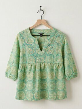 Lucky Brand Floral Embroidered Top Green Blue 3/4 Sleeve Small Cotton